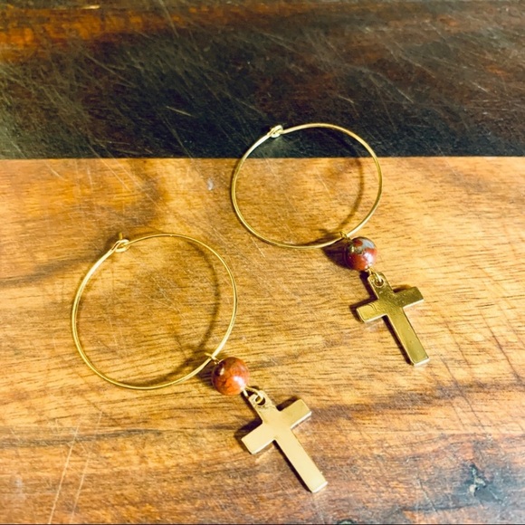Gold Tone Jasper Hoop and Cross Earrings - Picture 3 of 3